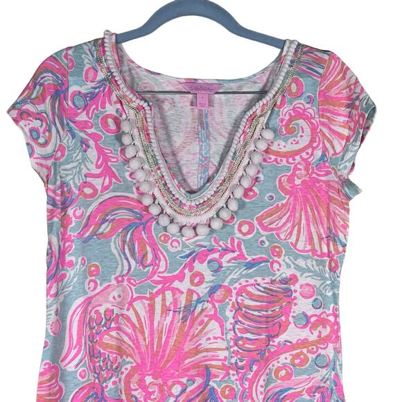 Lilly Pulitzer Linen Blend Coastal Print Dress with Pom-Pom Trim Size Small - Picture 2 of 11